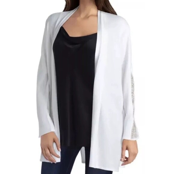 H Halston Lace Inlay Open Cardigan Sweater In White As M New - Picture 2 of 11